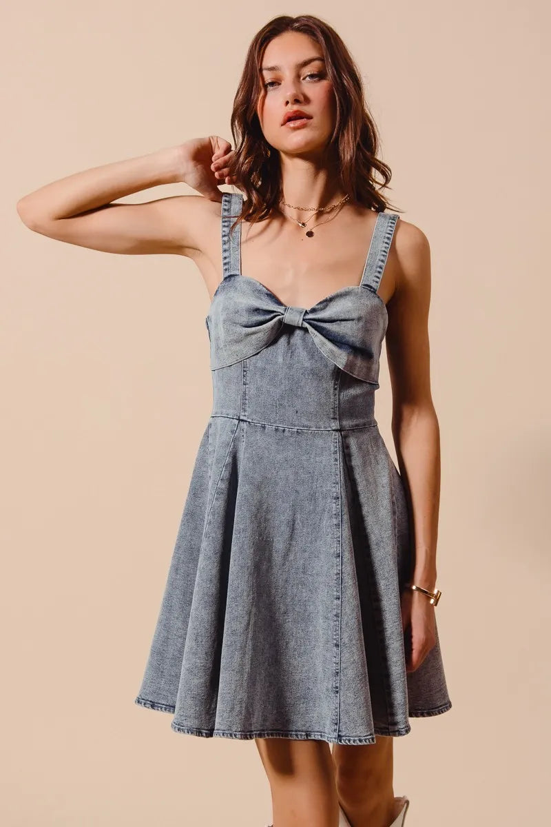 SO ME Mineral Washed Bow Ribbon Denim Flare Dress DENIM Mini Dresses