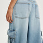 Vintage Wash Wide Leg Cargo Jeans in light-wash denim with visible stitching