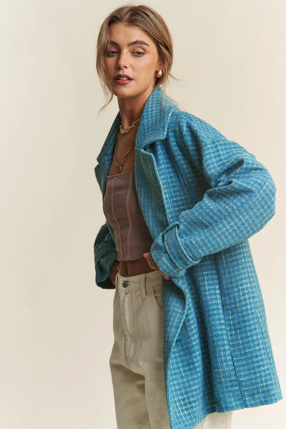 J.NNA Tweed Double-Breasted Long Sleeve Coat - DAVERRI FASHIONS