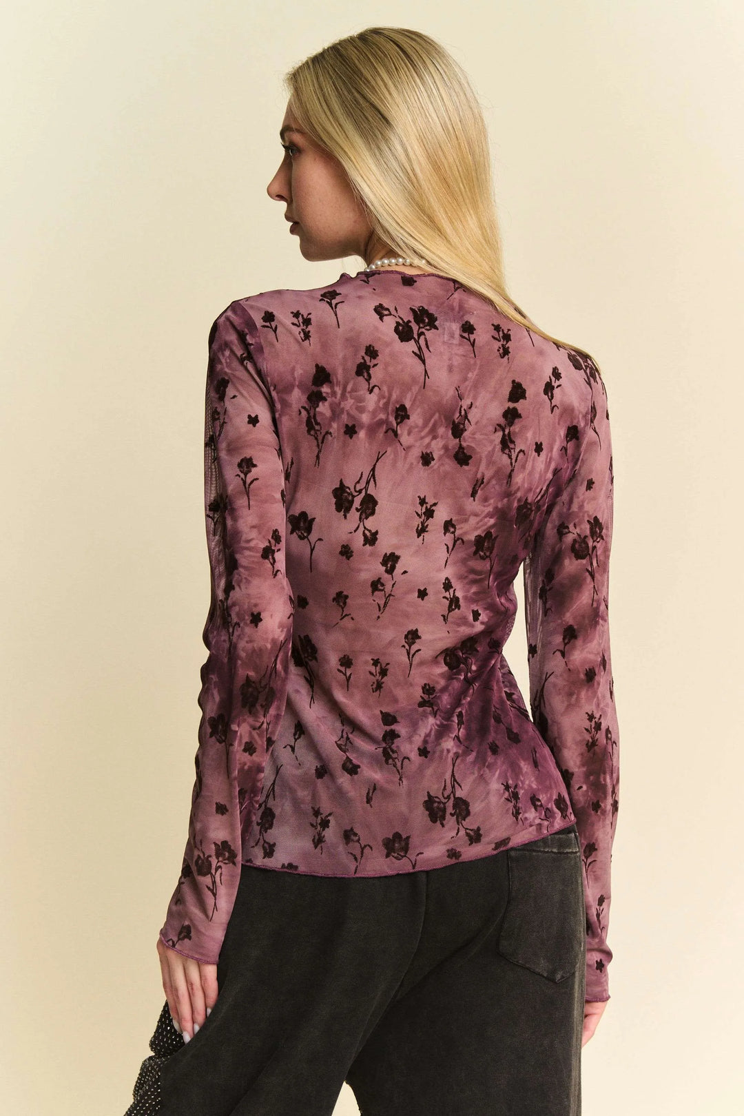 Davi & Dani Floral Mesh Long Sleeve Sheer Layering Top | Tops Daverri Fashions