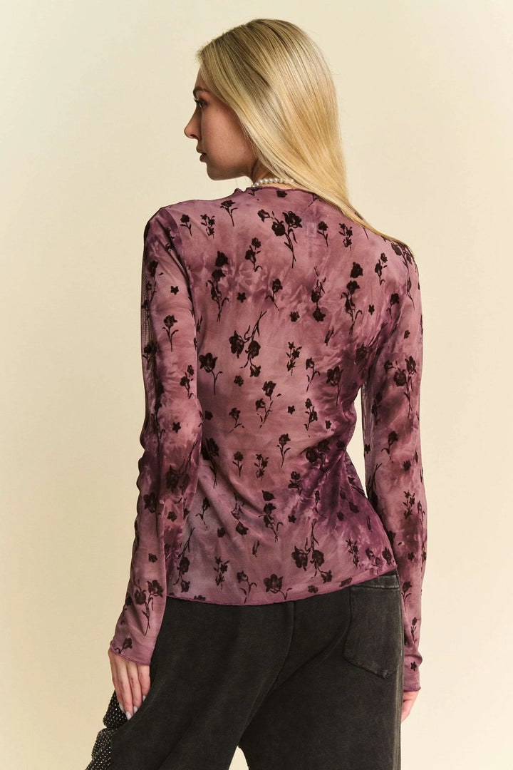 Davi & Dani Floral Mesh Long Sleeve Sheer Layering Top | Tops Daverri Fashions