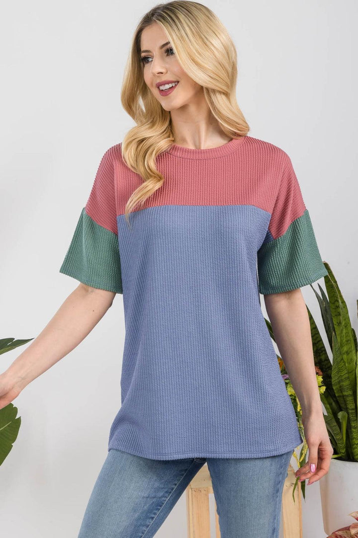 Celeste Full Size Ribbed Color Block T-Shirt Shirts & Tops