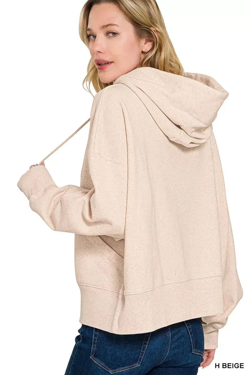 Zenana Oversized Fleece Kangaroo Pocket Hoodie Beige - DAVERRI FASHIONS