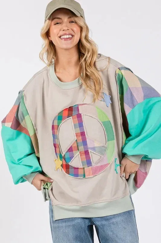 SAGE + FIG Contrast Peace Patch Dropped Shoulder Sweatshirt - DAVERRI FASHIONS