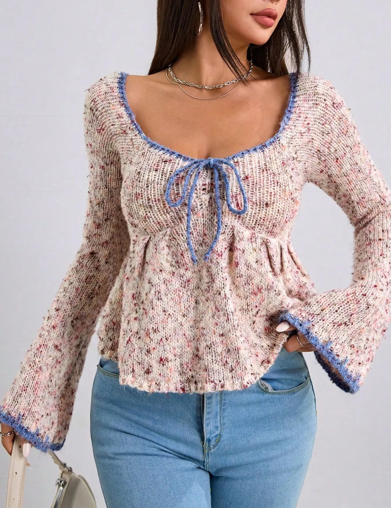 Tie Front Flare Sleeve Sweater | Sweaters Daverri Fashions