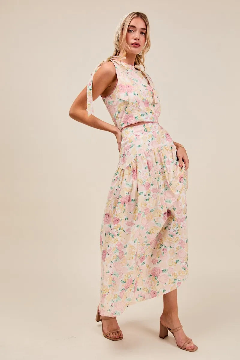 SO ME Floral Printed Woven Shoulder Bow Tie Top and Skirt Set Outfit Sets