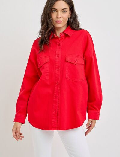 RISEN Button Down Long Sleeve Denim Shacket with Chest Pockets Scarlet