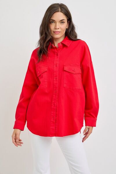 RISEN Button Down Long Sleeve Denim Shacket with Chest Pockets Scarlet