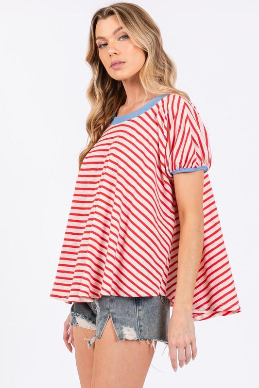 Ces Femme Striped Round Neck Short Sleeve T-Shirt T-Shirts
