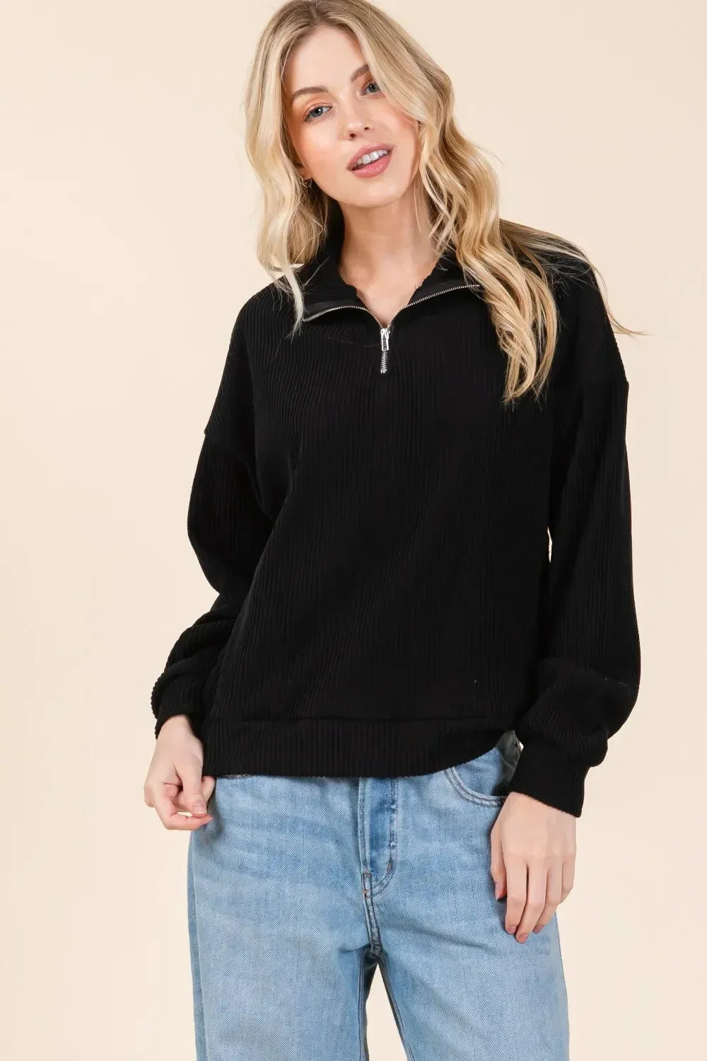 BOMBOM Quarter Zip Long Sleeve Sweatshirt with Pockets - DAVERRI FASHIONS