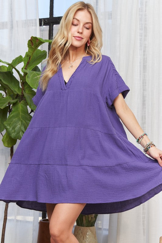 ADORA Tiered Notched Short Sleeve Dress Purple