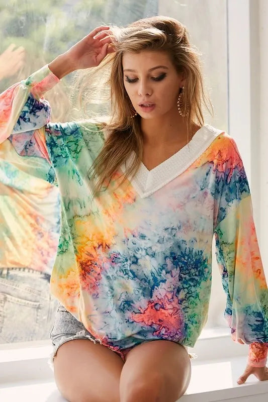 BiBi Tie Dye Soft Knit Jersey V-Neck Top Tops