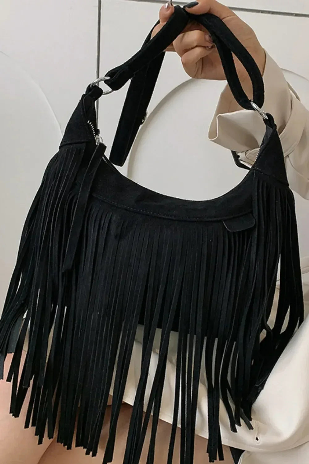 Suede Fringe Adjustable Strap Shoulder Bag - DAVERRI FASHIONS