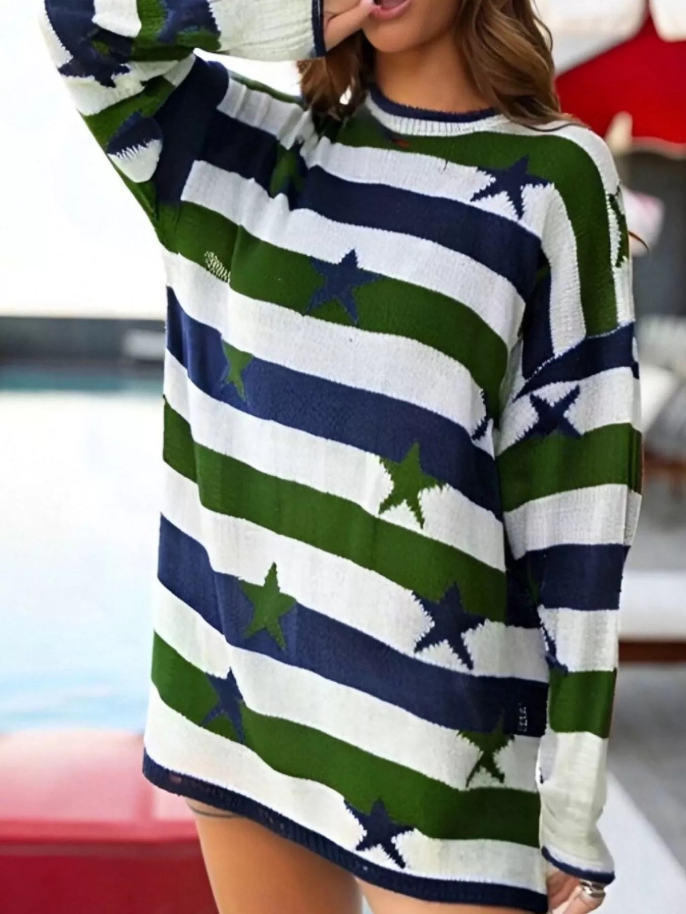 Daverri Stars and Stripes cozy oversized knit sweater with diagonal navy olive stripes and stars