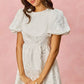White textured SO ME floral jacquard mini dress with puffed sleeves and gathered waist