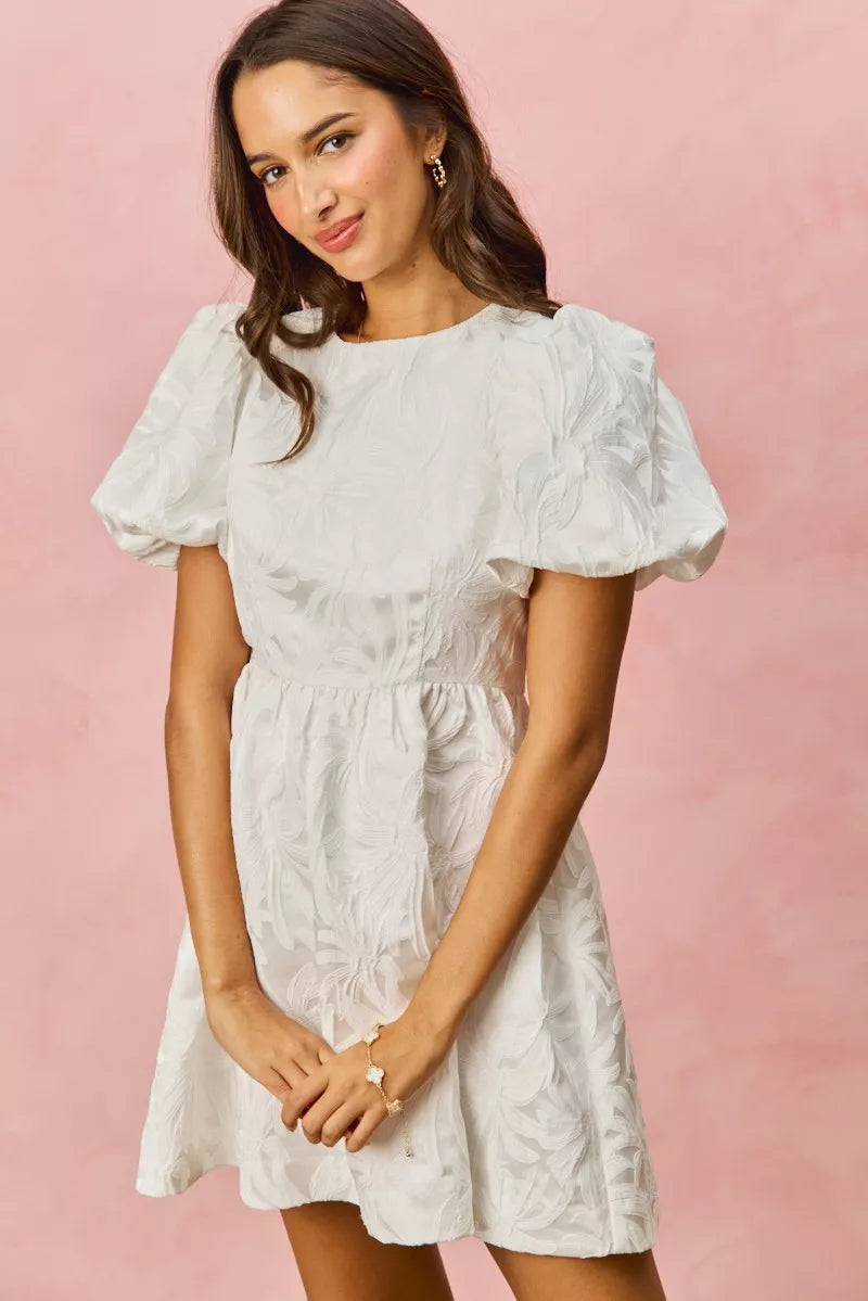 White textured SO ME floral jacquard mini dress with puffed sleeves and gathered waist