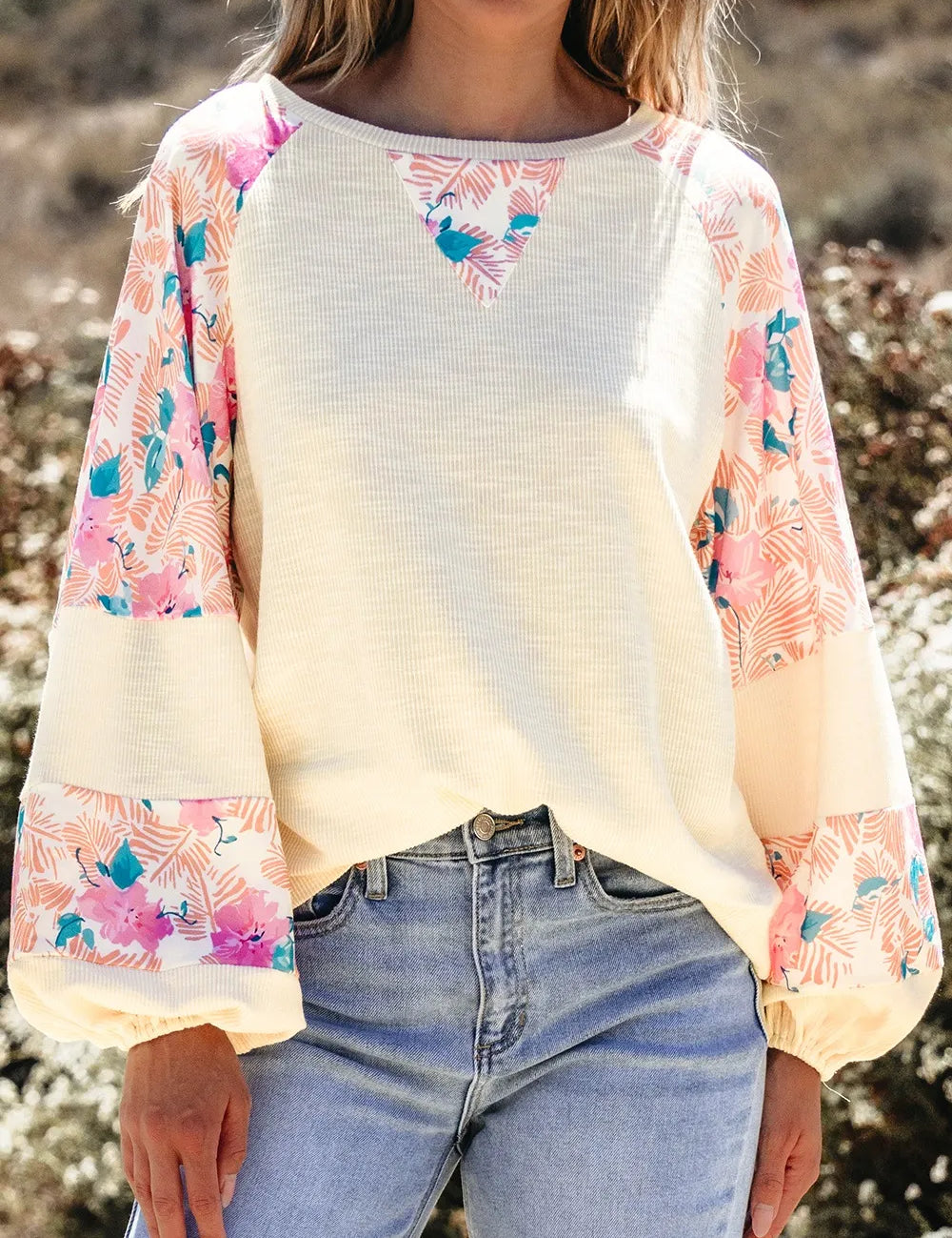 Printed Round Neck Balloon Sleeve Sweatshirt | Sweatshirts Daverri Fashions