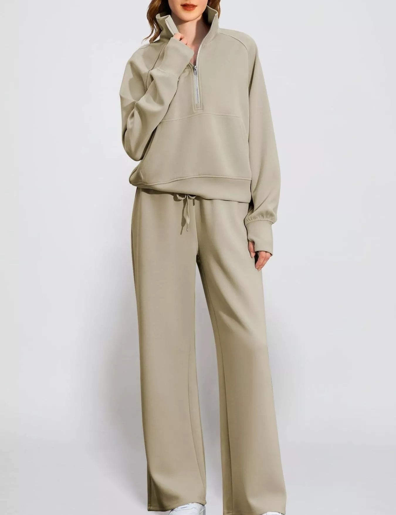 浅卡其色 Full Size Half-Zip Sweatshirt and Wide-Leg Pants Set Plus Size | Outfit Sets Daverri Fashions