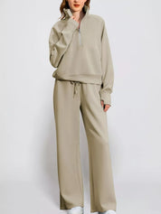 浅卡其色 Full Size Half-Zip Sweatshirt and Wide-Leg Pants Set Plus Size | Outfit Sets Daverri Fashions