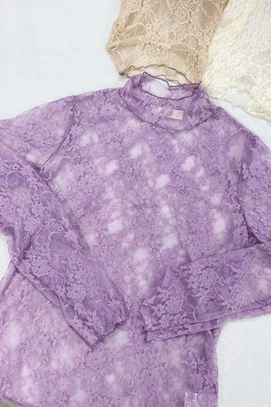 Jade by Jane floral print long sleeve lace mesh top in lavender