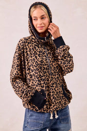 BiBi Leopard Print Waffle Half Zip Up Hoodie W Pocket | Hoodies Daverri Fashions