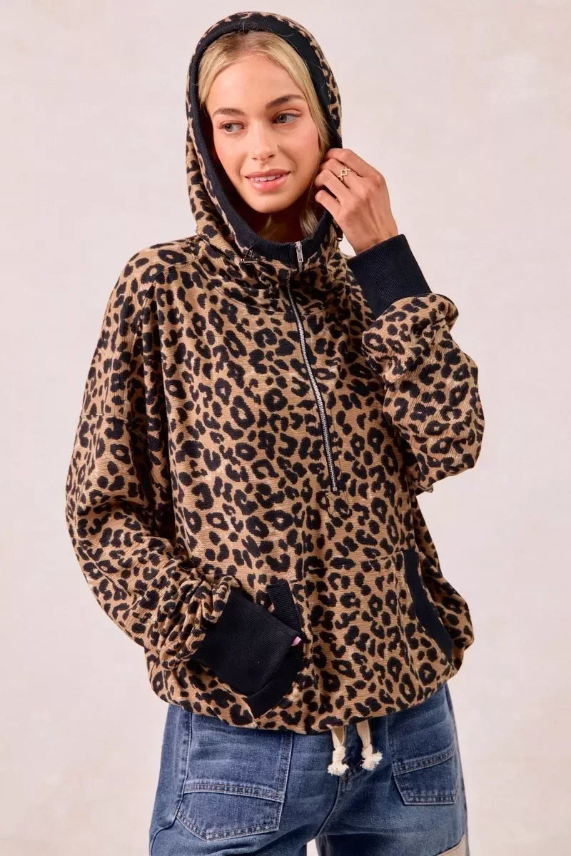 BiBi Leopard Print Waffle Half Zip Up Hoodie W Pocket - DAVERRI FASHIONS