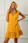 BiBi Ruffled French Terry Hooded Dress in vibrant yellow with ruffled hem