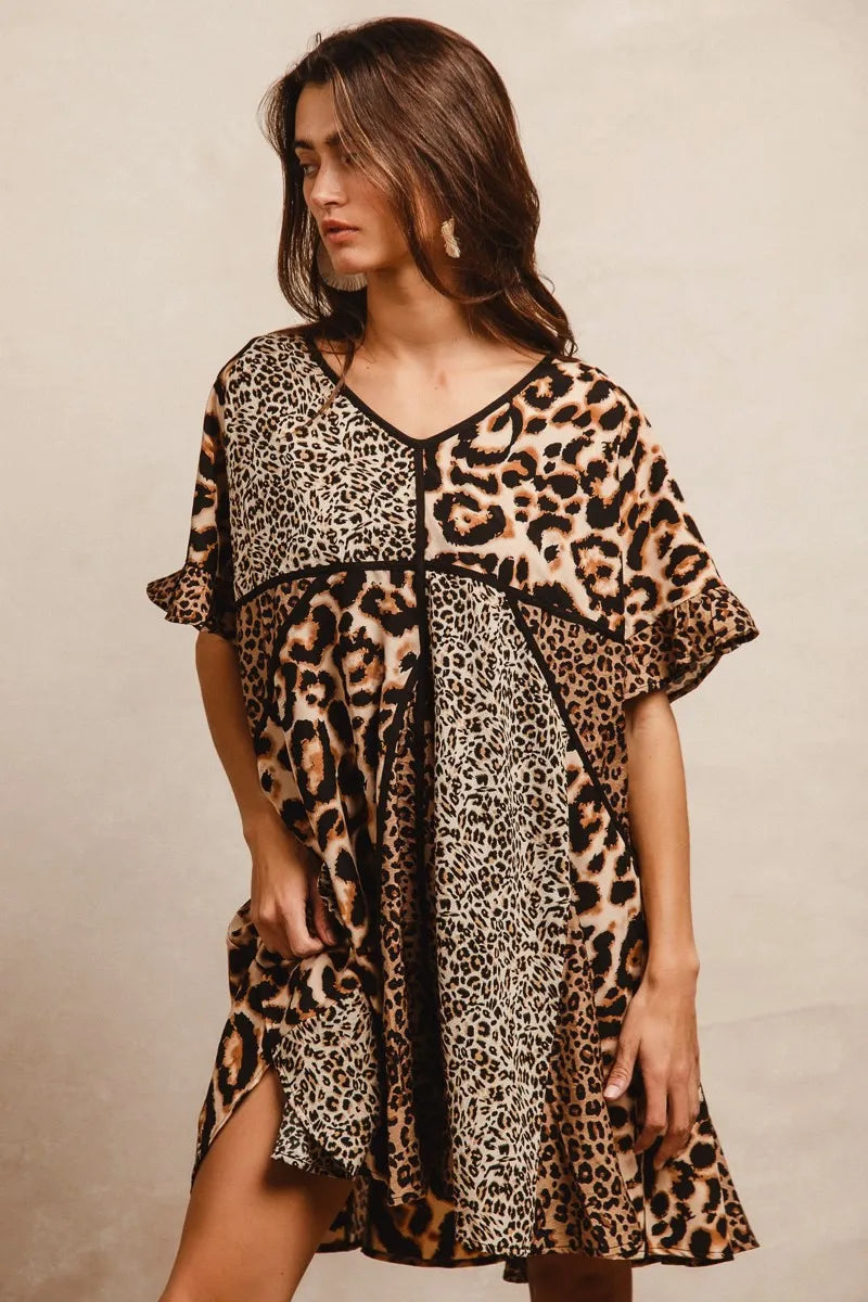 BiBi Leopard Prints Mix and Match Short Sleeves Dress Mini Dresses