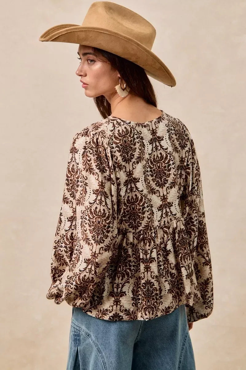 BiBi Printed Woven Front Tied Blouse with Baloon Sleeve - DAVERRI FASHIONS