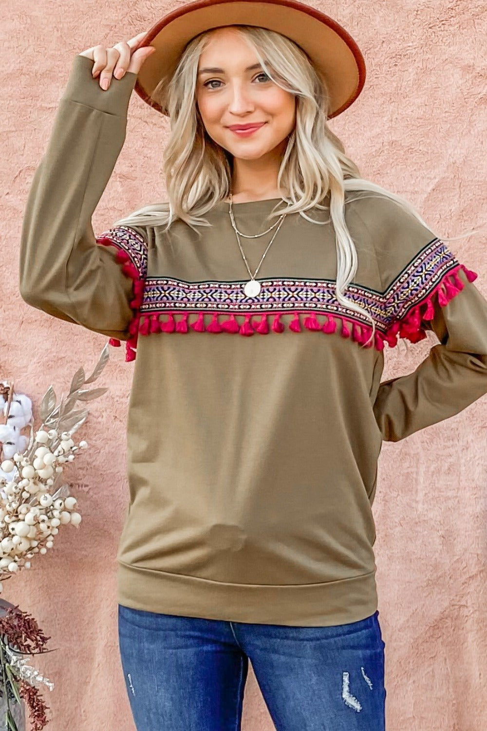 And The Why Ethnic Ribbon Tassel Trim Top Olive