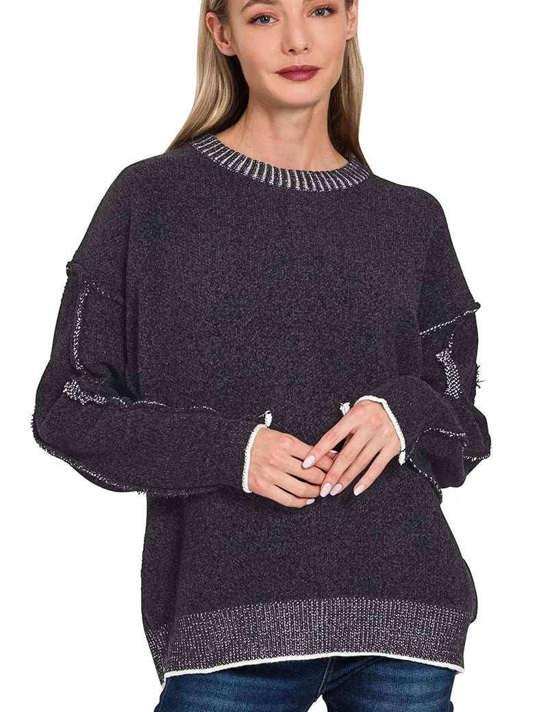 BLACK Zenana Exposed Seam Round Neck Two-Tone Sweater | Sweaters Daverri Fashions