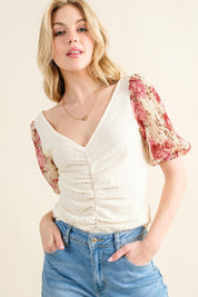 Ivory And The Why Full Size Floral Print Textured Sleeve Knit Top | Tops Daverri Fashions