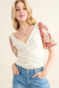And The Why Full Size Floral Print Textured Sleeve Knit Top - DAVERRI FASHIONS