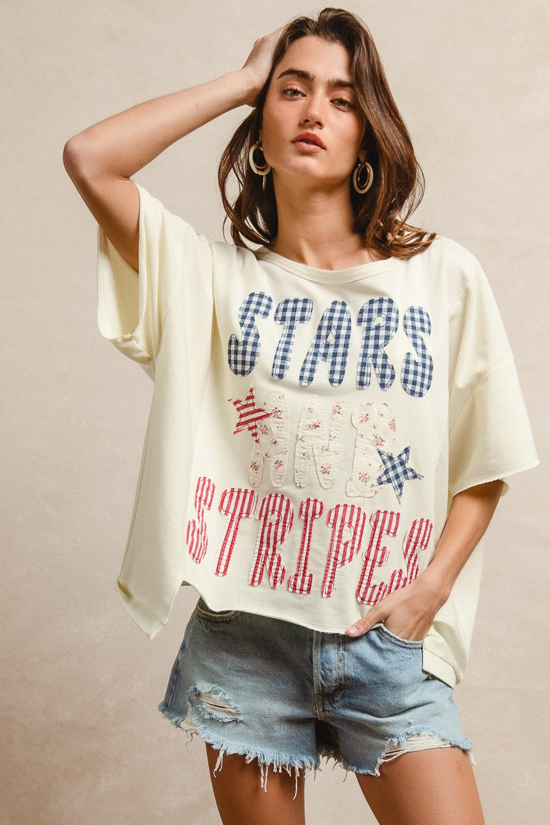 BiBi Mix And Match Stars And Stripes cream oversized tee with gingham stars
