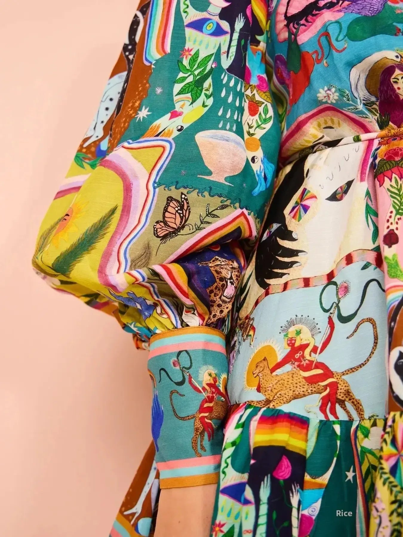 Vibrant Daverri multicolored tropical print blouse dress with bell sleeves