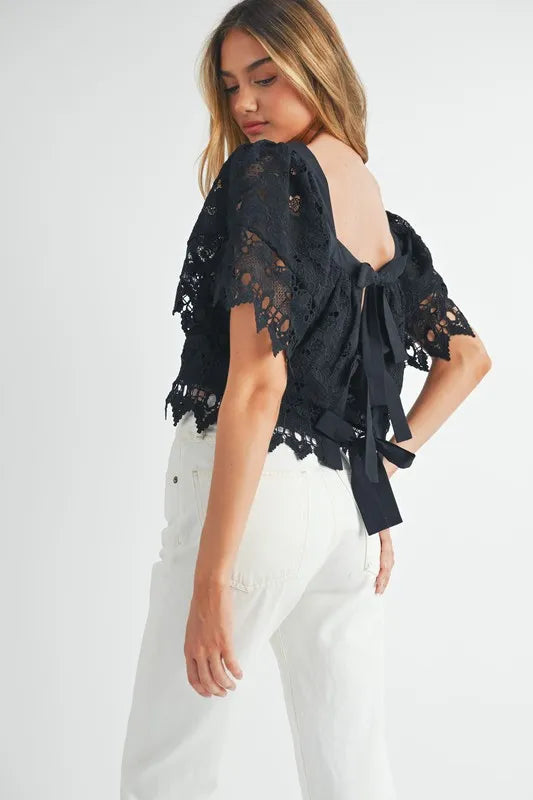 MABLE Square Neck Crochet Lace Top With Double Bow Tie Tops