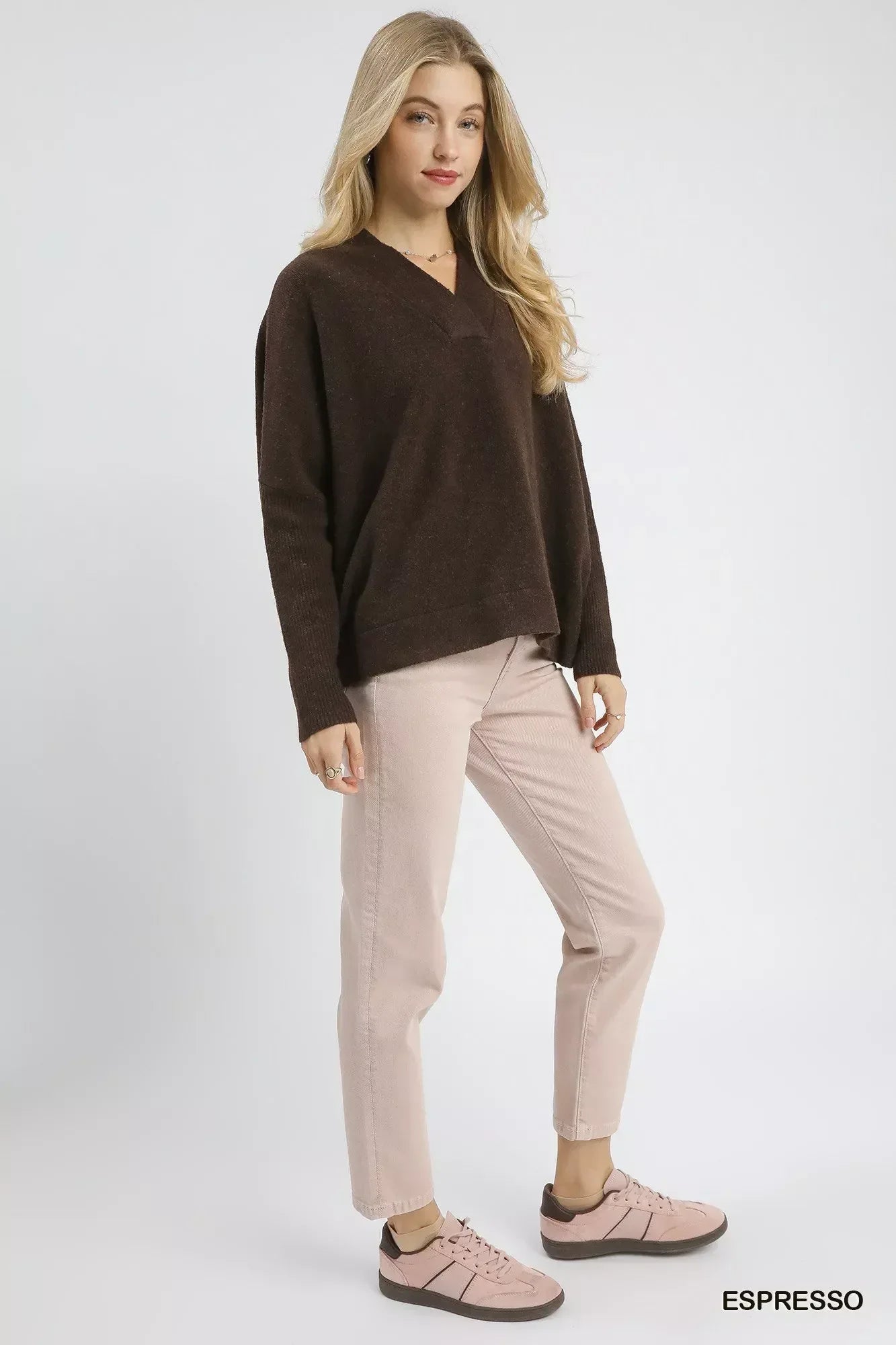 Umgee V-Neck Sweater with Wide Trim Detail - DAVERRI FASHIONS
