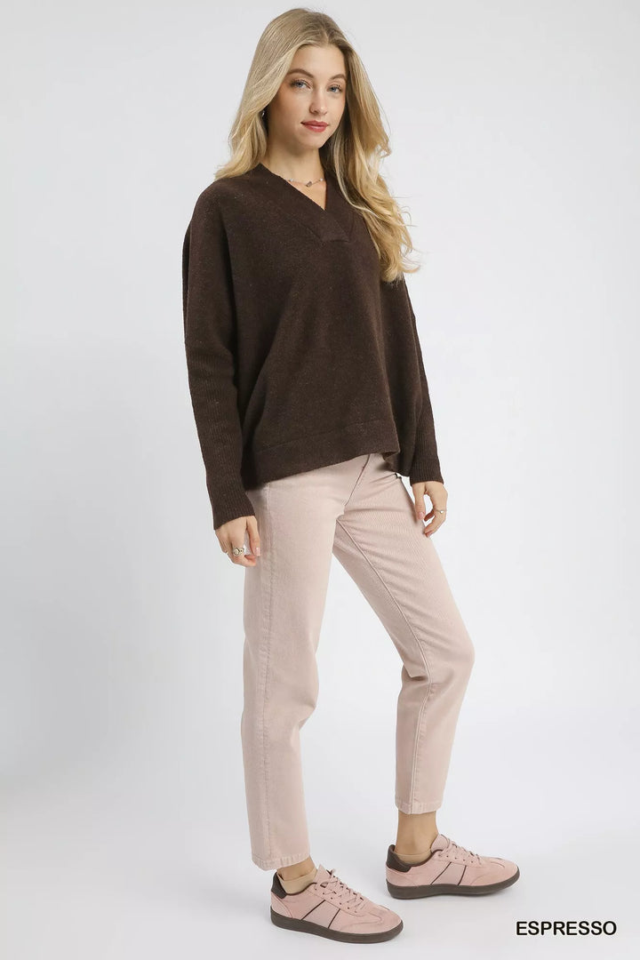 Umgee V-Neck Sweater with Wide Trim Detail | Sweaters Daverri Fashions