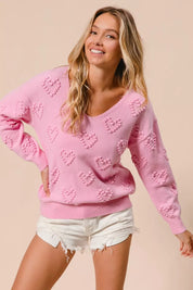 BiBi Valentines Heart Pompom V Neck Knit Top | Knit Tops Daverri Fashions