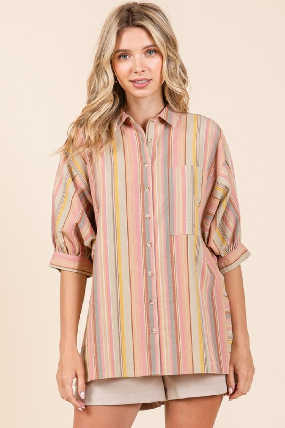 Mittoshop Striped Bubble Sleeve Button Down Shirt