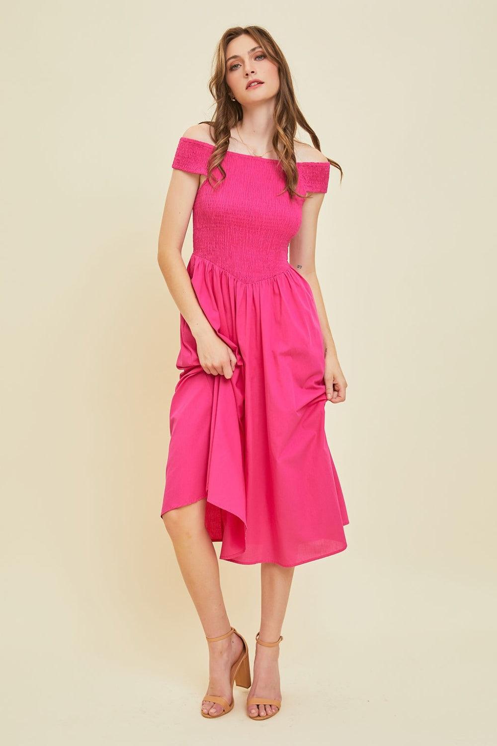 HEYSON Off-Shoulder Smocked Midi Dress Midi Dresses