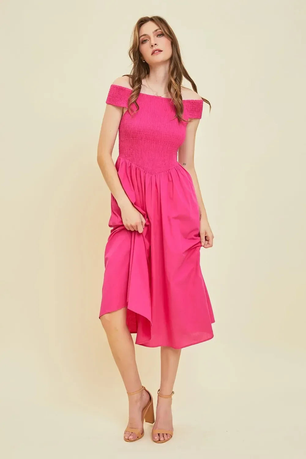 HEYSON Off-Shoulder Smocked Midi Dress - DAVERRI FASHIONS