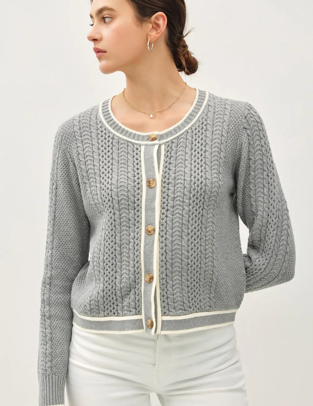 Gray Be Cool Cable Knit Long Sleeve Contrast Edge Cardigan | Cardigans Daverri Fashions