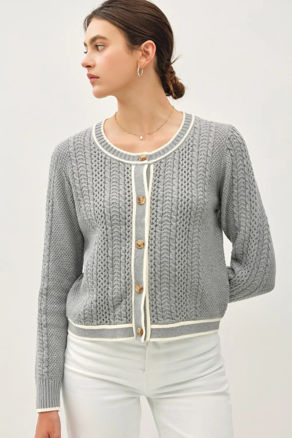 Gray Be Cool Cable Knit Long Sleeve Contrast Edge Cardigan | Cardigans Daverri Fashions