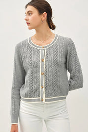 Gray Be Cool Cable Knit Long Sleeve Contrast Edge Cardigan | Cardigans Daverri Fashions