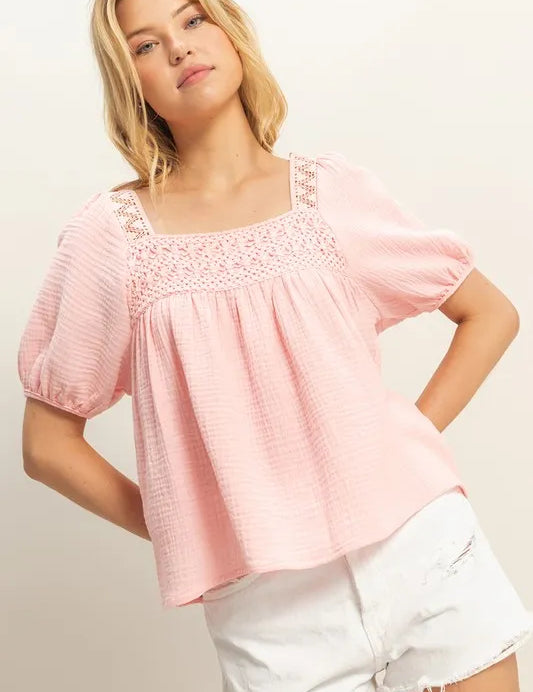 BABY PINK HYFVE Crochet Detail Puff Sleeve Peasant Top | Tops Daverri Fashions