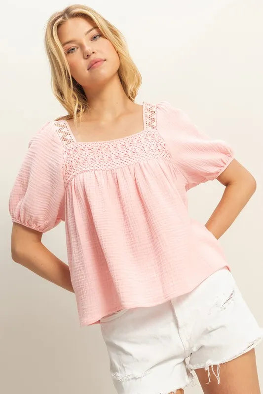 BABY PINK HYFVE Crochet Detail Puff Sleeve Peasant Top | Tops Daverri Fashions
