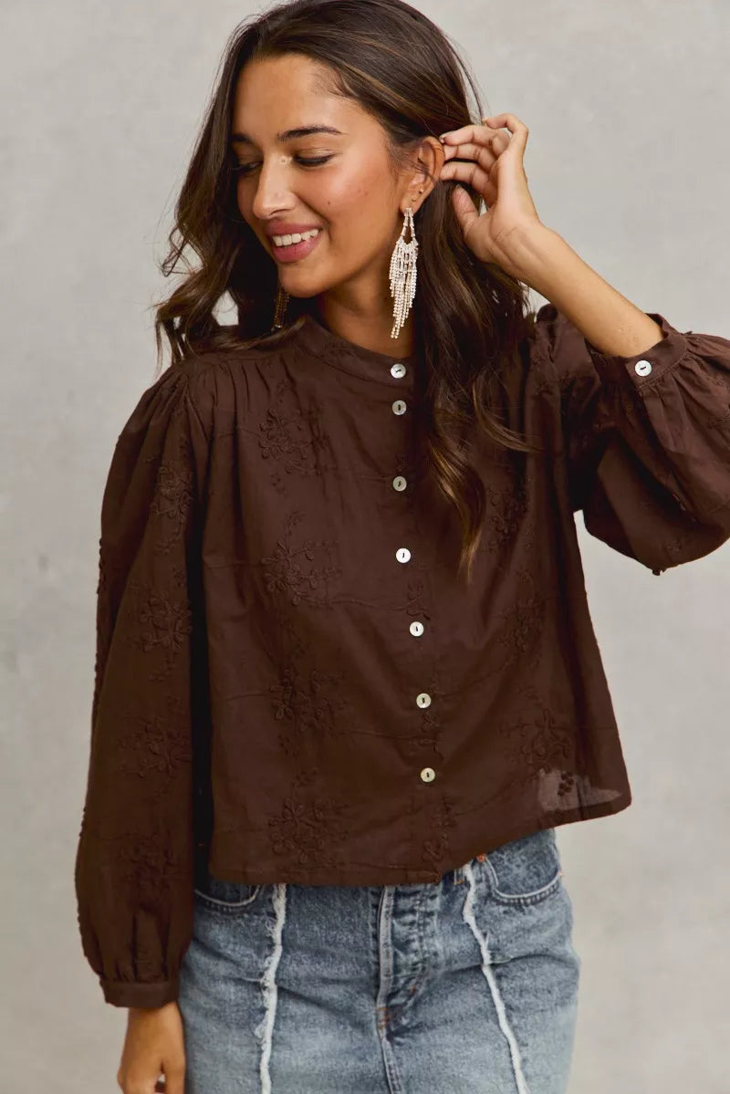 Brown SO ME 3D floral embroidered blouse with puff sleeves and white buttons