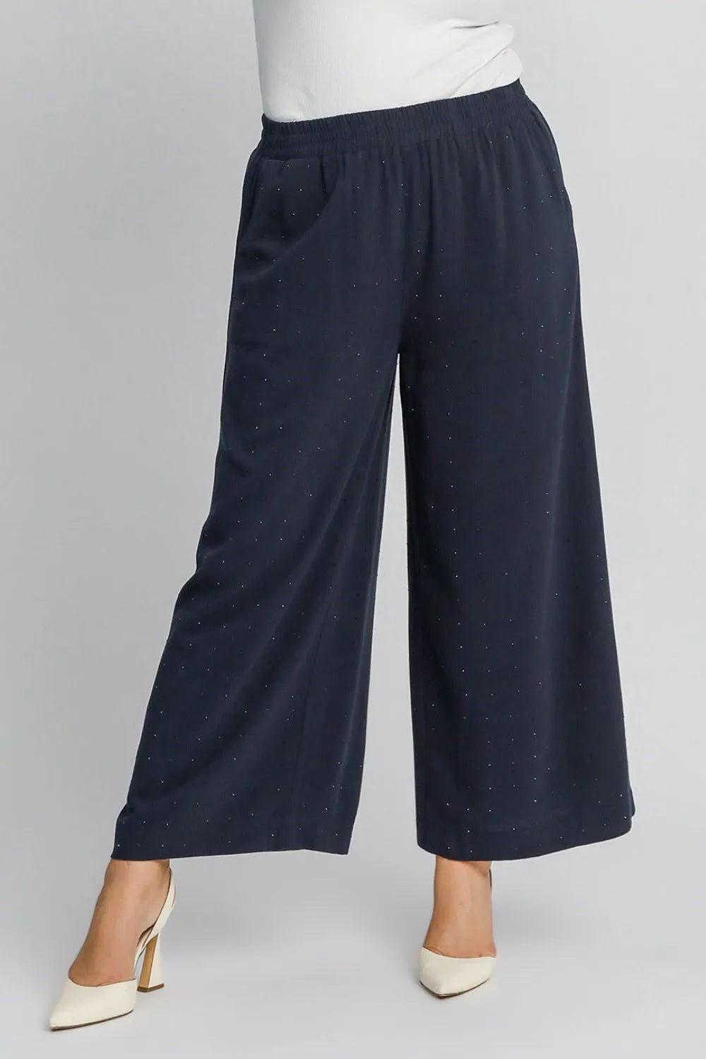 Navy blue wide-leg Umgee linen pants with dotted pattern and elastic waist