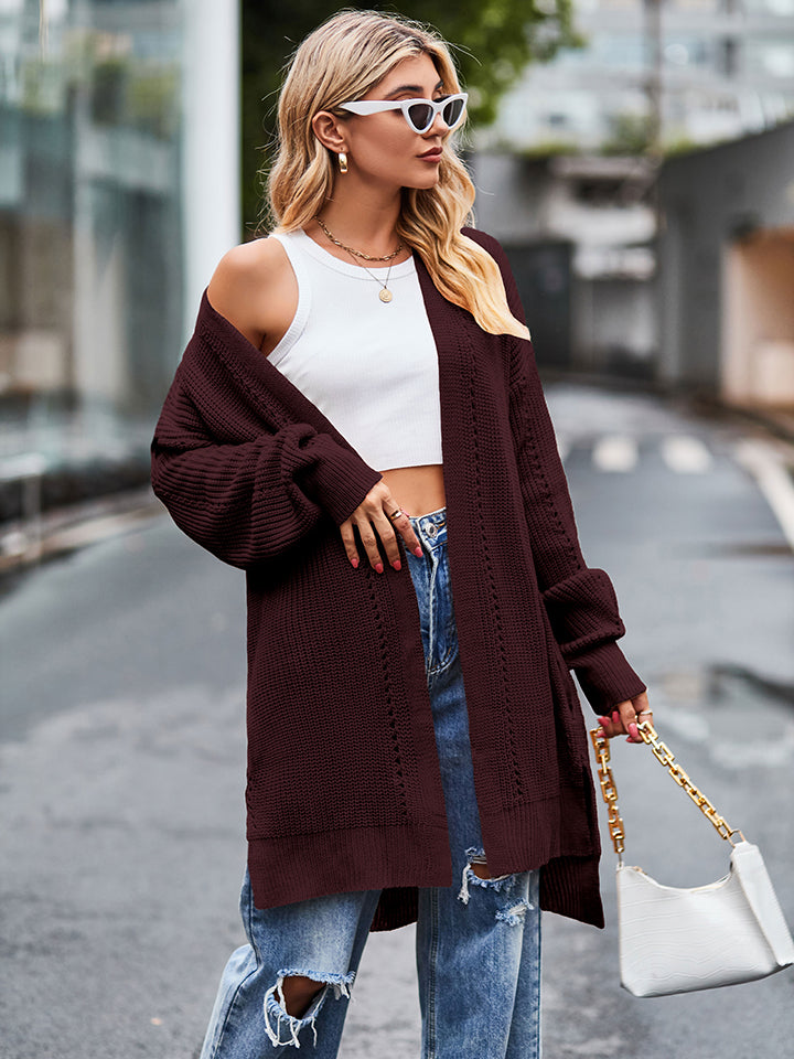 Maroon long-sleeved open-front waffle-knit cardigan with ribbed texture